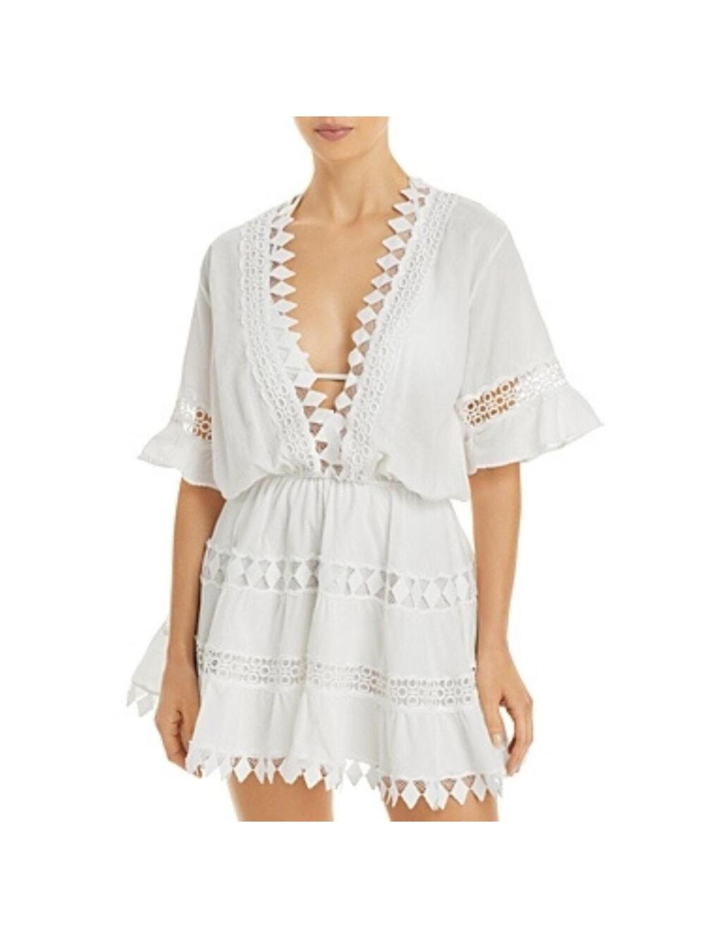 208$ Peixoto Ora Lace Eyelet Trim Front Mini Cover Up Dress Women's Size L White
